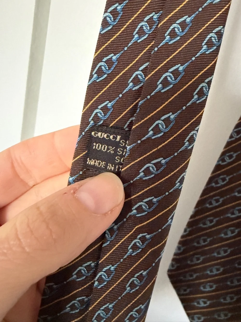 GUCCI vintage brown men's silk neck tie chain print